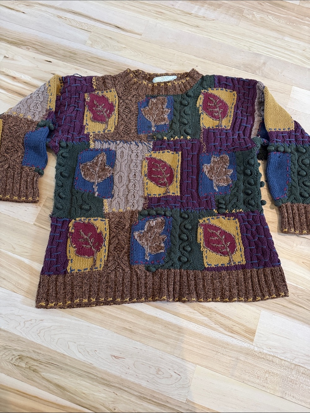 Vintage Express Tricot hand-knit leaf leaves patchwork sweater-80s-XS